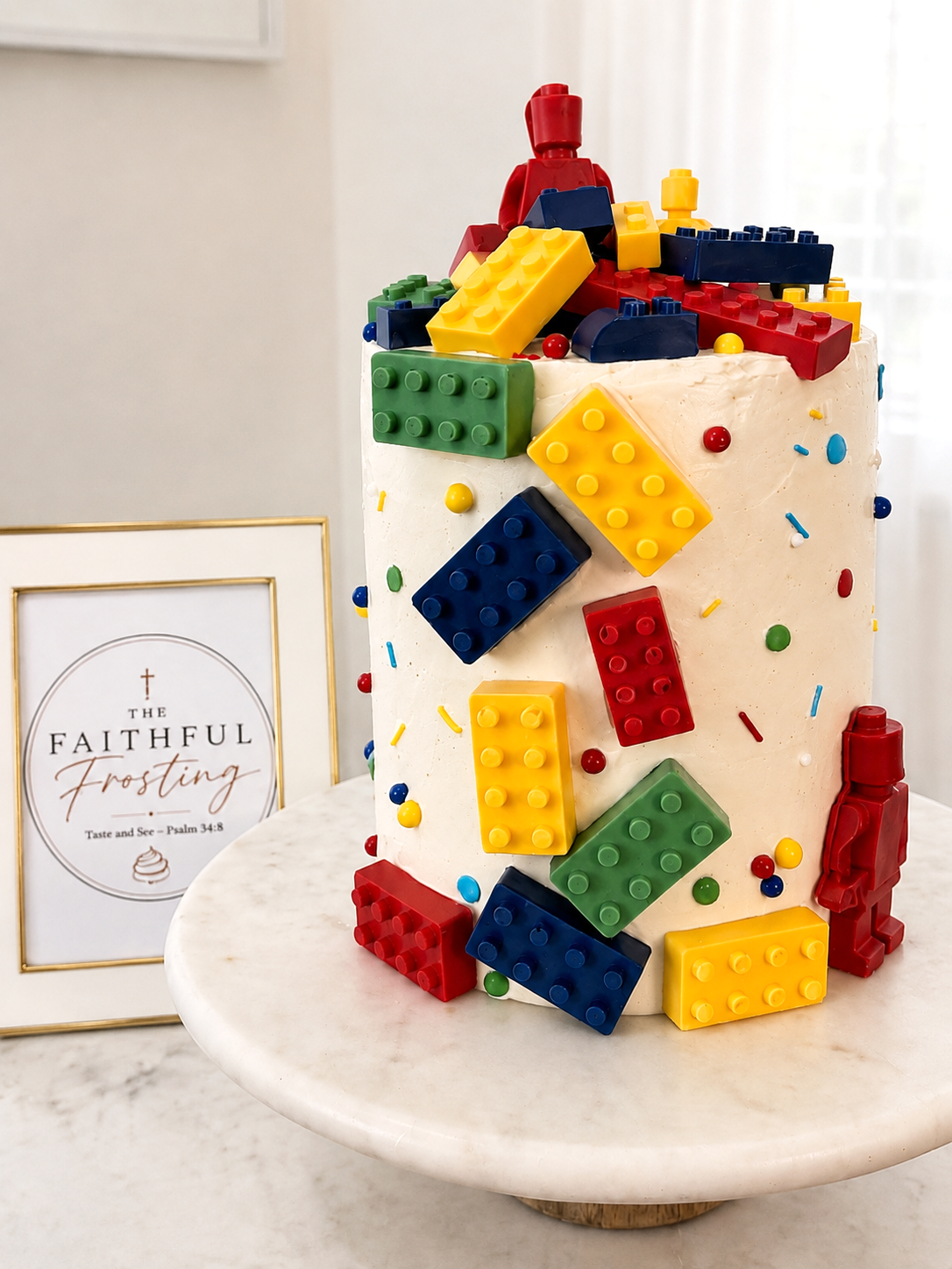 A tall white buttercream cake decorated with colorful chocolate building blocks and sprinkles