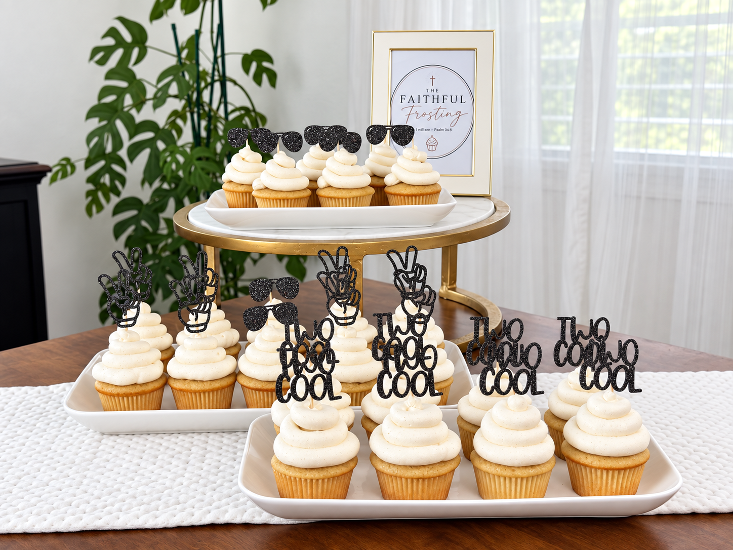 Standard cupcakes with hand-piped frosting, styled with themed toppers for a birthday celebration